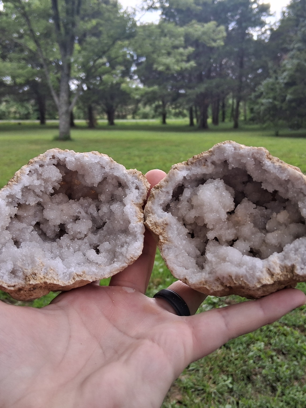 Natural Quartz Geode Pair White Druzy Crystal Matching Split Geode Sparkling